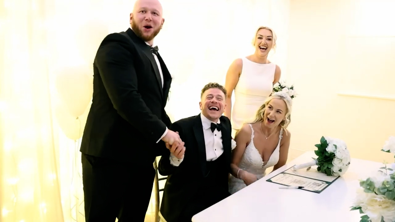 Couple sharing a joyful moment with friends